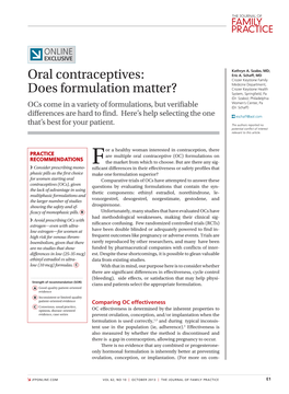 Oral Contraceptives: Crozer Keystone Family Medicine Department, Crozer Keystone Health Does Formulation Matter? System, Springfield, Pa (Dr