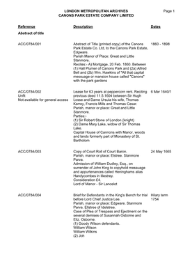 LONDON METROPOLITAN ARCHIVES Page 1 CANONS PARK ESTATE COMPANY LIMITED