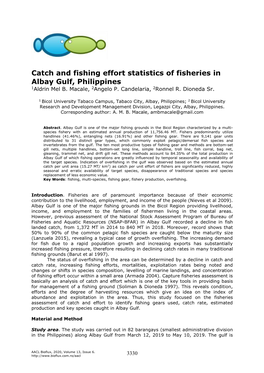 Macale A. B., Candelaria A. P., Dioneda Sr. R. R., 2020 Catch and Fishing Effort Statistics of Fisheries in Albay Gulf, Philippines