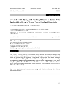 Impact of Textile Dyeing and Bleaching Effluents on Surface Water Quality of River Noyyal at Tirupur, Tirupur Dist, Tamilnadu, India