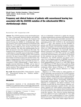 Frequency and Clinical Features of Patients with Sensorineural Hearing Loss Associated with the A3243G Mutation of the Mitochondrial DNA in Otorhinolaryngic Clinics