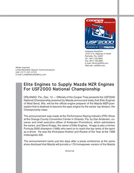Elite Engines to Supply Mazda MZR Engines for USF2000 National Championship