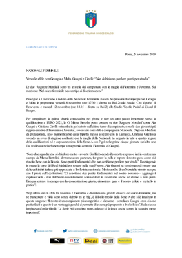 Roma, 5 Novembre 2019 NAZIONALE FEMMINILE Verso Le Sfide