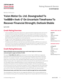 Yulon Motor Co. Ltd. Downgraded to 'Twbbb+/Twa-2' on Uncertain Timeframe to Recover Financial Strength; Outlook Stable