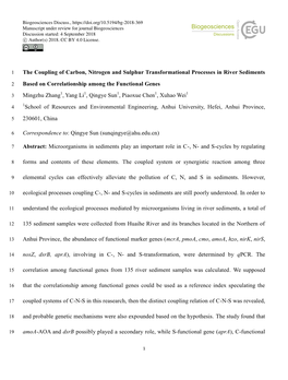 The Coupling of Carbon, Nitrogen and Sulphur Transformational Processes in River Sediments