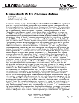 Tension Mounts on Eve of Mexican Elections by John Neagle Category/Department: General Published: Tuesday, July 5, 1988