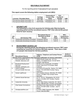 EEO PUBLIC FILE REPORT for the Reporting Period of 4/01/2015 Through 3/31/2016 This Report Covers the Following Station Employme