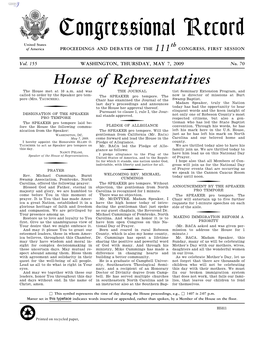 Congressional Record United States Th of America PROCEEDINGS and DEBATES of the 111 CONGRESS, FIRST SESSION