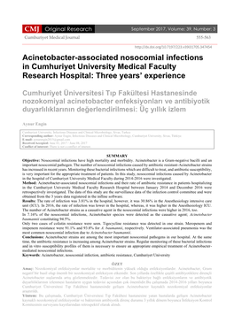 Acinetobacter-Associated Nosocomial Infections in Cumhuriyet University Medical Faculty Research Hospital: Three Years’ Experience