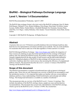 Biological Pathways Exchange Language Level 1, Version 1.4 Documentation