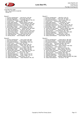 Lone Star FFL Draft Results Thu Sep 12 8:47Am ET