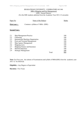 Shipping and Port Management) -2011-12 Onwards – SDE Page 1 of 10