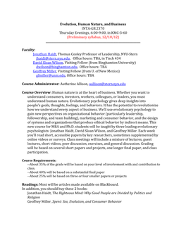 Evolution, Human Nature, and Business INTA-GB.2370 Thursday Evenings, 6:00-9:00, in KMC-3-60 (Preliminary Syllabus, 12/18/12) ______