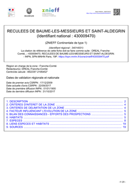 RECULEES DE BAUME-LES-MESSIEURS ET SAINT-ALDEGRIN (Identifiant National : 430009470)