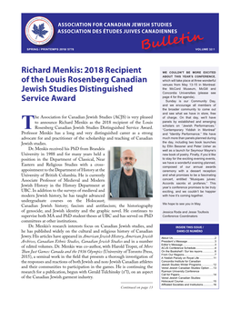 Bulletin / Bulletin De L’AÉJC | Spring / Printemps 2018 Page 1 Association for Canadian Jewish Studies Association Des Études Juives Canadiennes