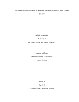 The Impact of Music Relaxation on Affect and Relaxation of Stressed Female College