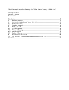 The Unitary Executive During the Third Half-Century, 1889-1945