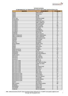 Municipio Acampamento Nº Famílias Abare Irmã Doroth 100 Abare Marighela 80 Abare Zumbi 70 Abare Guiza 100 Acajutiba Fazenda G