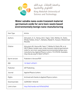 Water Soluble Nano-Scale Transient Material Germanium Oxide for Zero Toxic Waste Based Environmentally Benign Nano-Manufacturing