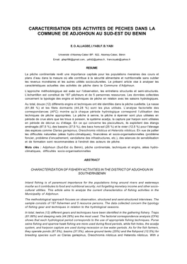 Caracterisation Des Activites De Peches Dans La Commune De Adjohoun Au Sud-Est Du Benin