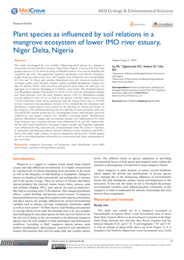 Plant Species As Influenced by Soil Relations in a Mangrove Ecosystem of Lower IMO River Estuary, Niger Delta, Nigeria