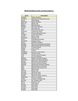 Mcgill Building Codes and Descriptions