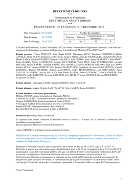 DEPARTEMENT DU GERS *** Communauté De Communes DES COTEAUX ARRATS GIMONE *** PROCES VERBAL DE LA SEANCE DU 7 DECEMBRE 2017