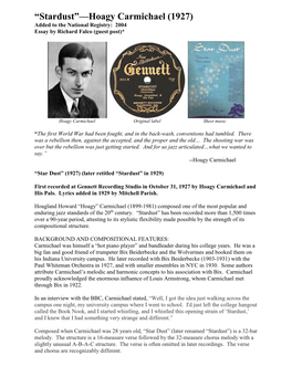 Stardust”—Hoagy Carmichael (1927) Added to the National Registry: 2004 Essay by Richard Falco (Guest Post)*
