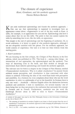 The Closure of Experience Kant, Goodman, and the Aesthetic Approach Hanno Birken-Bertsch