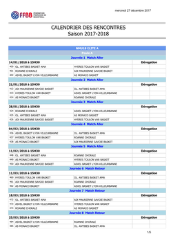 CALENDRIER DES RENCONTRES Saison 2017-2018