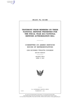 Testimony from Members on Their National Defense Priorities for the Fiscal Year 2013 National Defense Authorization Bill