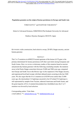 1 Population Genomics on the Origin of Lactase Persistence in Europe And