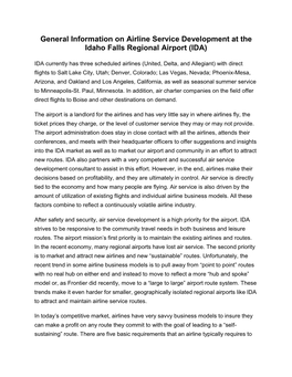 General Information on Airline Service Development at the Idaho Falls Regional Airport (IDA)