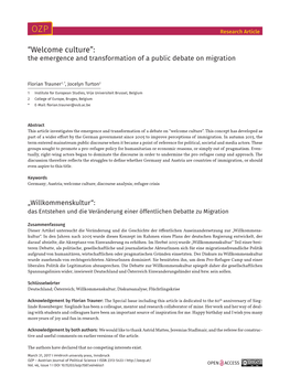 “Welcome Culture”: the Emergence and Transformation of a Public Debate on Migration