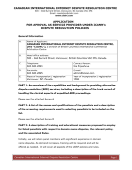 APPLICATION for APROVAL AS SERVICE PROVIDER UNDER ICANN’S DISPUTE RESOLUTION POLICIES