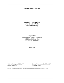DRAFT MASTER PLAN CITY of PLAINFIELD in the County of Union