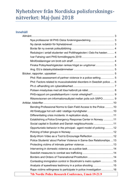 Nyhetsbrev Frå N Nordiskå Polisforsknings- Nå Tverket: Måj-Juni 2018
