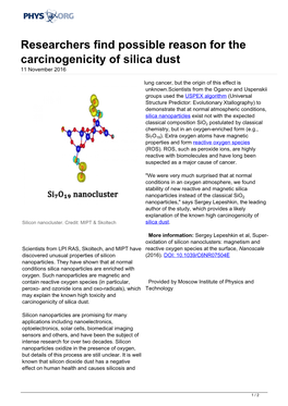 Researchers Find Possible Reason for the Carcinogenicity of Silica Dust 11 November 2016