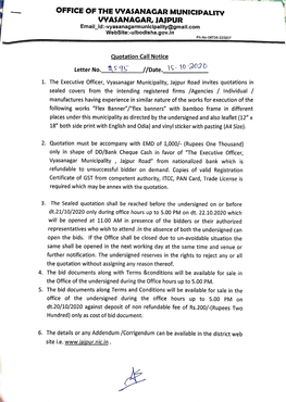 OFFICE of the VVASANAGAR MUNICIPALITY VYASANAGAR, JAJPUR Email Ld:-Vyasanagarmunicipality@Gmail.Com Website:-Ulbodisha.Gov.In Ph.No-06726-220207