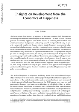 Insights on Development from the Economics of Happiness Public Disclosure Authorized