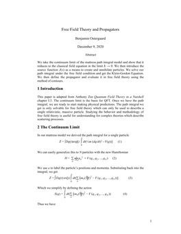 Free Field Theory and Propagators 1 Introduction 2 the Continuum Limit