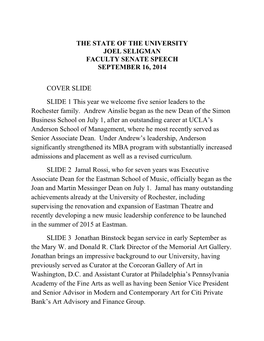 The State of the University Joel Seligman Faculty Senate Speech September 16, 2014