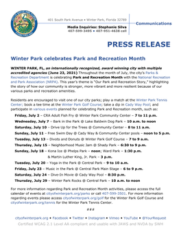 Winter Park Celebrates Park and Recreation Month