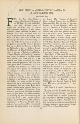 JOHN SHAW—A MEDICAL POET of MARYLAND by JOHN RUHRÄH, M.D