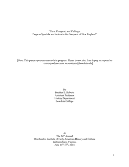 Curs, Conquest, and Cullings: Dogs As Symbols and Actors in the Conquest of New England”