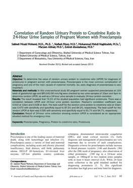 Correlation of Random Urinary Protein to Creatinine Ratio in 24-Hour Urine Samples of Pregnant Women with Preeclampsia