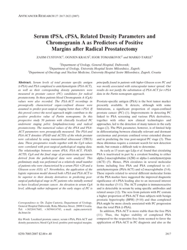 Serum Tpsa, Cpsa, Related Density Parameters and Chromogranin a As Predictors of Positive Margins After Radical Prostatectomy