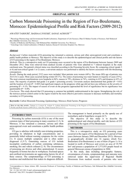 Carbon Monoxide Poisoning in the Region of Fez-Boulemane, Morocco: Epidemiological Profile and Risk Factors (2009-2012)