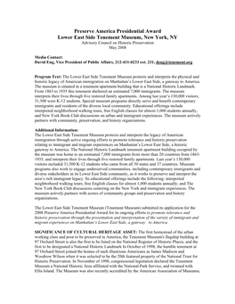 Lower East Side Tenement Museum, New York, NY Advisory Council on Historic Preservation May 2008