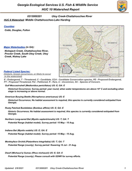 Georgia Ecological Services U.S. Fish & Wildlife Service HUC 10 Watershed Report